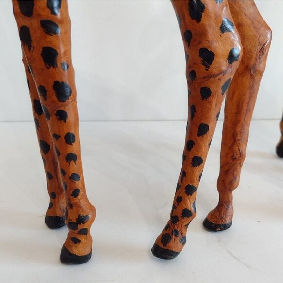 Vtg Set Of Hand Crafted Leather Wrapped Giraffe Figurines Statues 16" Glass Eye - Picture 11 of 13